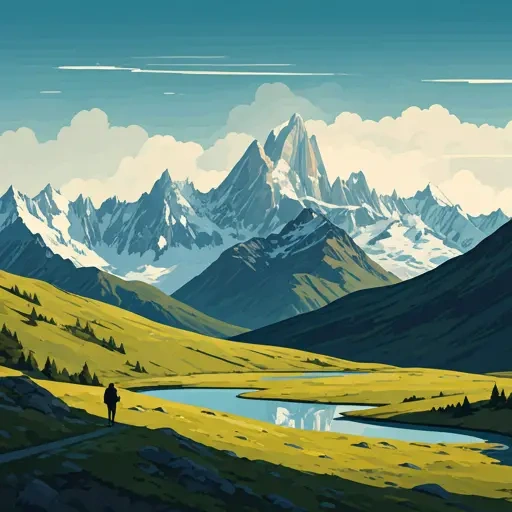Paisagem de montanhas com neve e lago azul representando férias e descanso.